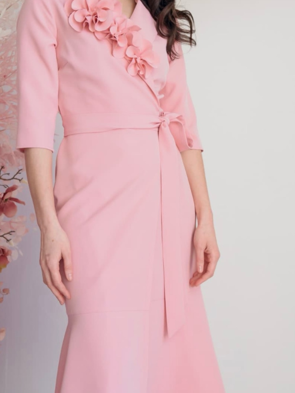 Chic Pink Wrap Midi Dress with Floral Appliqué